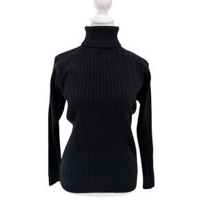 Womens Black Cable Knit Turtleneck Sweater Size M Long Sleeve Classic Pullover